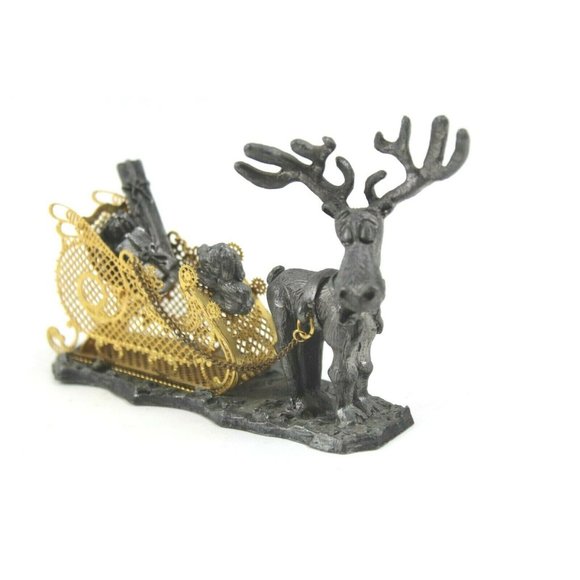 Pewter Ore Christmas Reindeer Pulling Sleigh With Puppy & Holiday Presents - Picture 2 of 7